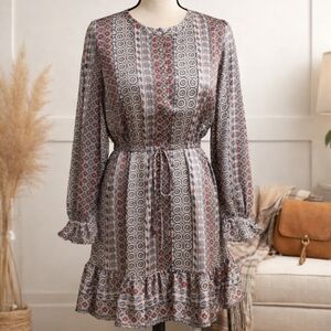 LOFT Large Satin-Like Boho Print Dress Smocked Waist Ruffle Hem